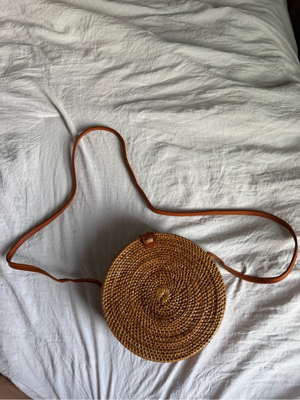 Woven Round Crossbody Bag in Natural Brown